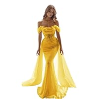 Sequin Mermaid Prom Dresses for Women 2024 Off The Shoulder Sparkly Long Detachable Train Formal Evening Party Gown