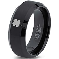 Lucky Charm Four Leaf Clover Ring - Tungsten Band 8mm - Men - Women - 18k Rose Gold Step Bevel Edge - Yellow - Grey - Blue - Black - Brushed - Polished - Wedding - Gift Dome Flat