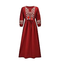 HAN HONG Ladies Autumn Winter Cotton and Linen Party Dress Retro Round Neck Embroidery Long Dress
