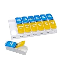 EZY DOSE Weekly (7-Day) Pill Case, Medicine Planner, Vitamin Organizer Box, 2 Times a Day AM/PM, Large Pop-Out Compartments, Convenient and Easy to Use, Blue and Yellow Lids