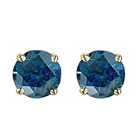 2.00 Carat (ctw) 14K Yellow Gold Round Cut Blue Diamond Ladies Stud Earrings 2 CT