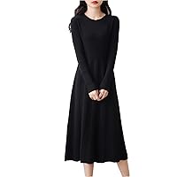 Women's Merino Wool Dress Autumn and Winter Round Neck Pleated A-Line Dress