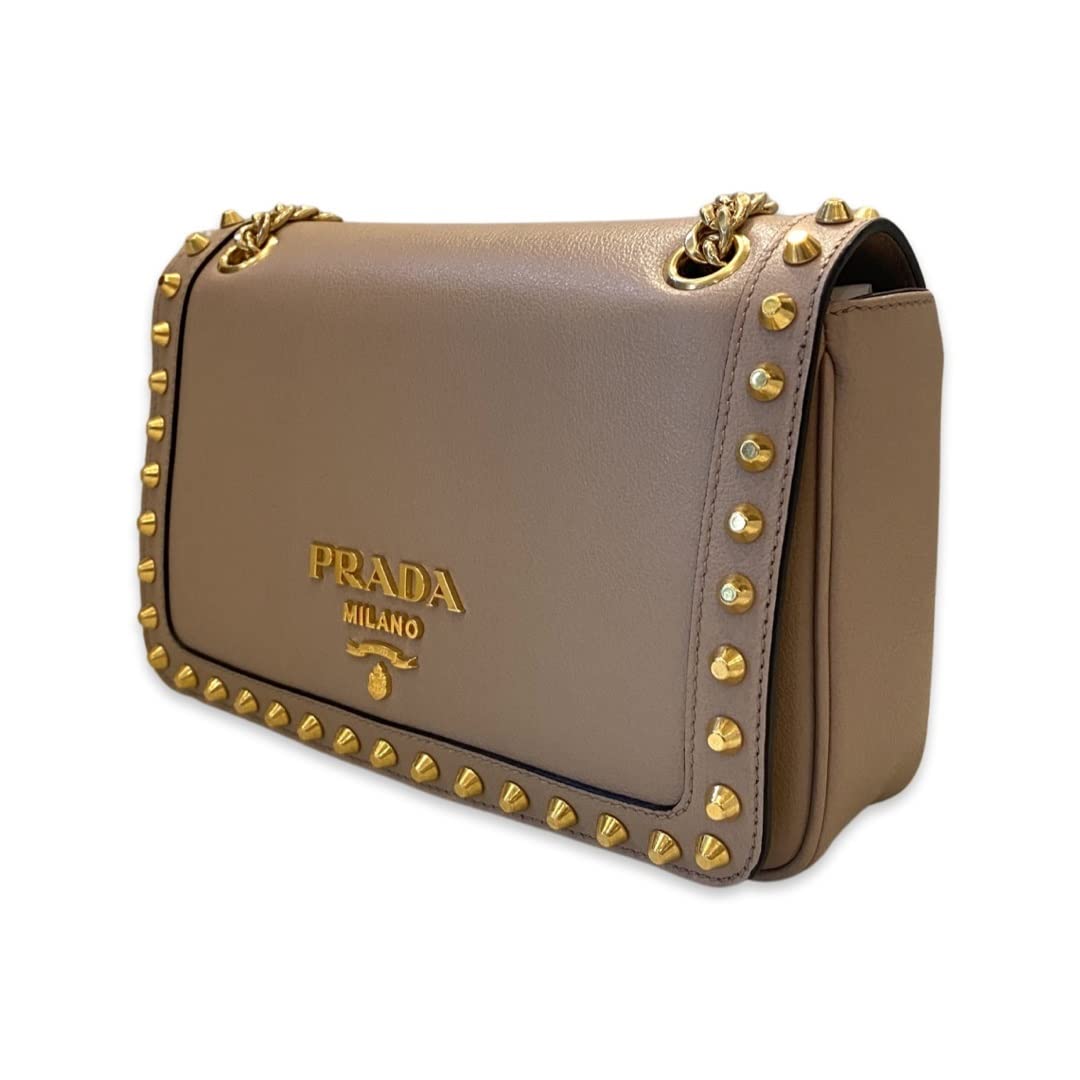 Prada Pattina Glace Calf Leather Cammeo Beige Pattina Studded Handbag