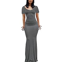 Womens Sexy Bodycon Maxi Dresses For Evening Party Summer Short Sleeve V Neck Elegant Floor Length Formal Party Dress