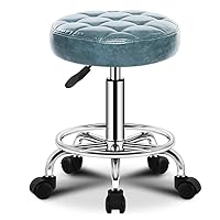 Round Ottoman Rolling Swivel Stool with Wheels, Adjustable Hydraulic Gas Lift PU Leather Bar Stool Office Shop Stool with Footrest Massage SPA Stool Hairdressing Sal Black (Cyan)