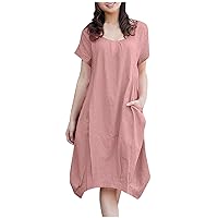Womens Cotton Linen Crewneck Classic Baggy Dress Summer Short Sleeve Casual Oversized Dresses with Pockests