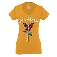 Front Till Death Red Rose Flower Skull PRIMITIVES Butterfly VOLCON for Women V Neck Fitted T Shirt
