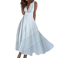 Sleeveless Swing Dress Ladies V Neck Loose Outdoor Maxi Dress Womens Boho Waist Retraction Printed Weekend Long Dress