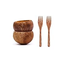 2 Eco-Friendly Small Coconut Bowls (Raw & Original) w/ 2 Coconut Wood Forks - 100% Natural, Organic Kitchen Set - Handcrafted from Reclaimed Coconut Shells + Offcuts