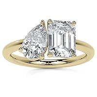 Gold: 10K Solid Yellow Gold Handmade Engagement Rings 2.0 CT Emerald & Pear Manual Cut Premium Simulated Diamond Solitaire Wedding/Bridal Ring Set for Women/Her Propose Rings