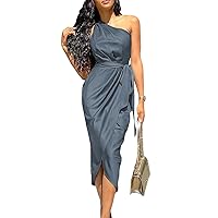 PRETTYGARDEN Women's 2024 Summer Ruched Bodycon Dress Sleeveless One Shoulder Wrap Satin Belted Cocktail Midi Dress