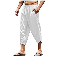 Men's Linen Capri Pants Casual Drawstring Yoga Pants Baggy Harem Pants Wide Leg Beach Capris Shorts with Pockets