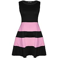 Oops Outlet Women's Sleeveless Colored Blocks Striped Panel Flared Skater Dress Plus Size (US 20/22) Black/Baby Pink