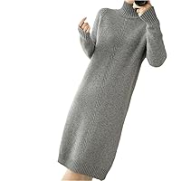 Women Thick Dress Warm Wool Long Sweater, Autumn Winter High-Neck Over-Knee Cashmere Knit Dress Base Shirt