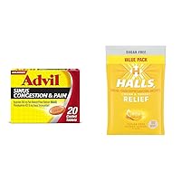 Sinus Congestion Relief 20 Tablets and Halls Honey Lemon 180 Sugar Free Cough Drops Bundle