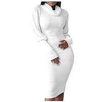 Women's Sexy Fall Winter Casual Basic Long Sleeve Turtleneck Bodycon Club Midi Dress Stand Neck Ruched Club Party Slim Fit Solid Color Short Bodycon Elegant Sheath Dress(White XL)