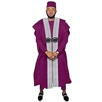 African Clothing for Men Agbada Robe Dashiki Shirt Print Pant Tribal Hat 4 Piece Set for Evening Wedding Suit
