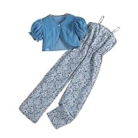 OYOANGLE Girl's Puff Short Sleeve Top and Floral Straight Leg Cami Jumpsuits 2 Piece Outfits
