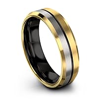 Tungsten Wedding Band Ring 6mm for Men Women Bevel Edge 18K Yellow Gold Black Center Line Brushed Polished