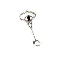 Teardrop Gemstone Healing Crystal Cabochon Silver Metal Cuff Harem Slave Bracelet with Adjustable Ring - Womens Fashion Handmade Jewelry Boho Accessories