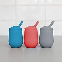 ezpz Mini Cup + Straw Training System 3-Pack (Blue, Coral & Gray) - 100% Silicone Training Cup for Infants + Toddlers - Designed by a Pediatric Feeding Specialist - 12 Months+