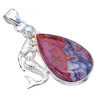 StarGems® Natural Crazy Lace Agate River Pearl Mermaid Handmade 925 Sterling Silver Pendant 1.75