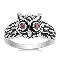 Oxidized Owl Simulated Garnet Eyes Fashion Ring New 925 Sterling Silver Band Sizes 5-12