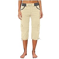 Women Capri Cargo Pants with Pockets Summer Casual Drawstring Cinch Calf Length Trousers High Waist Joggers Pants