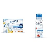 Juven Therapeutic Nutrition Drink Mix Powder for Wound Healing Support, Includes Collagen Protein, Orange, 30 Count & Ensure Pre-Surgery, Clear Carbohydrate Drink, Strawberry, 10 fl oz, 4 Count