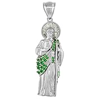 1-3 inch Sterling Silver Green & White Cubic Zirconia St Jude Pendant for Men 3-D Rhodium Finish