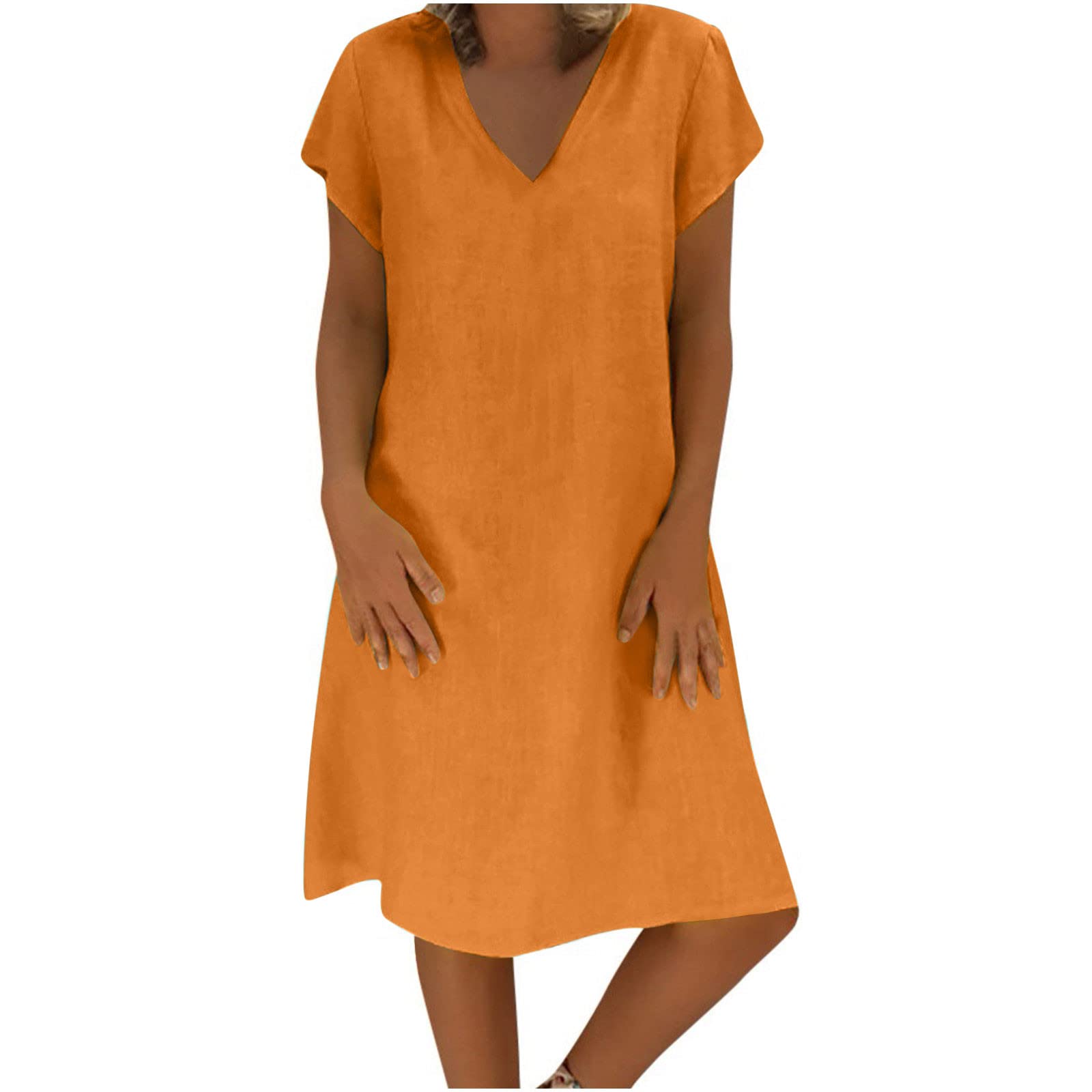 Women's Cotton Linen Dress Solid Color Summer Casual Short Sleeve Beach Dresses V Neck Loose Fit 2023 Trendy Dresses