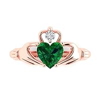 Clara Pucci 1.52ct Heart Cut Irish Celtic Claddagh Solitaire Simulated Green Emerald designer Modern Statement Ring Solid 14k Rose Gold