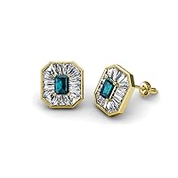 Emerald Cut London Blue Topaz Baguette Natural Diamond 1 3/8 ctw Women Milgrain Stud Earrings 14K Gold
