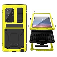 Compatible with Samsung S24 Plus Metal Bumper Silicone Case with Stand Screen Protector Gorilla Glass Hybrid Durable Military Shockproof Heavy Duty Rugged Man Full Body Camera Cover (Yellow)
