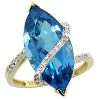 14k Gold Marquise Stone Ring, w/ 0.15 Carat Brilliant Cut Diamonds & 6.67 Carats Marquise Cut (20x10mm) Blue Topaz Stone, 7/8