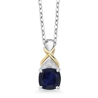 Gem Stone King 925 Sterling Silver and 10K Yellow Gold Cushion Blue Sapphire and White Lab Grown Diamond Pendant Necklace For Women (1.32 Cttw, with 18 Inch Chain)