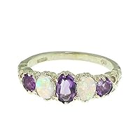 925 Sterling Silver Real Genuine Amethyst and Opal Womens Band Ring