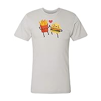 Hamburger & Fries in Love Cartoon Graphic 100% Cotton T-Shirt, Grey