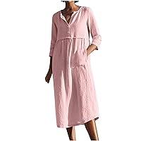 Cotton Linen 3/4 Sleeve Dresses for Women 2024 Fall Button V Neck Long Dresses Ladies Baggy Comfy Daily Kaftan Dress