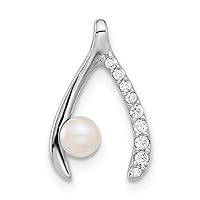 925 Sterling Silver Rhodium Plated Freshwater Cultured Pearl and CZ Cubic Zirconia Simulated Diamond Wishbone Pendant Necklace Measures 15.7x9.7mm Wide 4.5mm Thick Jewelry for Women
