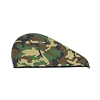 Green Military Camo Dry Hair Cap Towel with Button Super Absorbent Quick Dry Instant Hair Dry Wrap Hair Towels for Long Thick & Curly Hair, Soft Anti Frizz Microfiber Towel for Hair