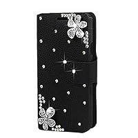 Crystal Wallet Case Compatible with iPhone 14 Pro Max - Little Flowers - Black - 3D Handmade Sparkly Glitter Bling Leather Cover with Screen Protector & Beaded Phone Lanyard