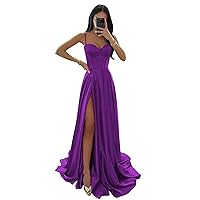 Spaghetti Straps Satin Prom Dress with Slit Long A Line Evening Gowns for Women Satin Formal Dress
