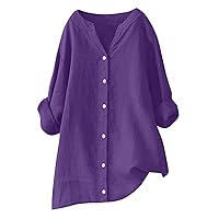 Womens Button Down Cotton Linen Shirts Roll Up 3/4 Sleeve V Neck Long Sleeve Blouse Casual Loose Fit Work Tunic Tops