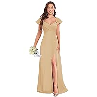 Ruffle Champagne Bridesmaid Dress Long Chiffon Formal Dresses with Slit Evening Gown for Women Size 6