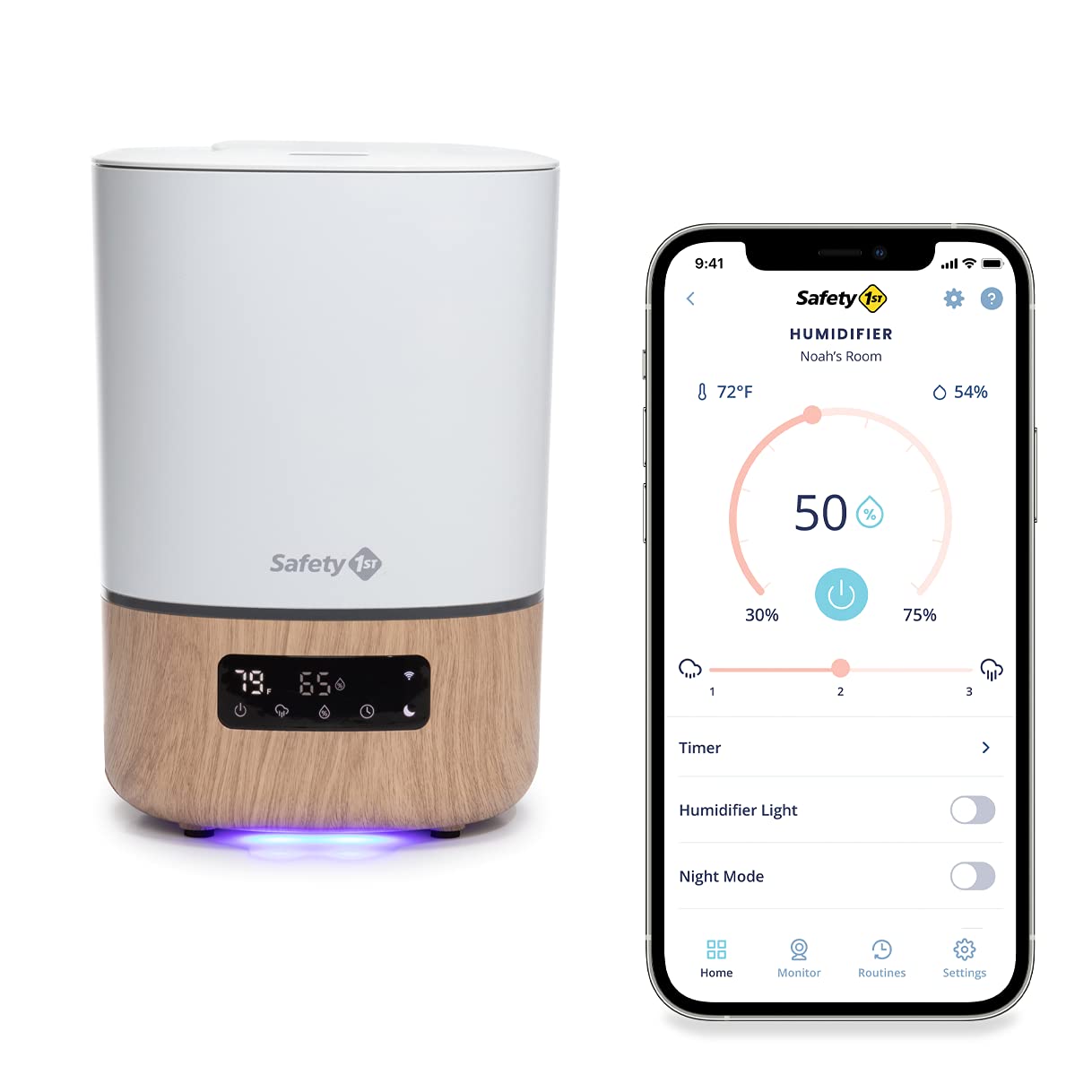 Safety 1st Connected Smart Humidifier — 1 Gallon (3.8L) Tank Size, Cool Mist Humidifier with Hygrometer and Nightlight, and Whisper Quiet for Baby Bedroom, Nursery, iOS and Android Compatible