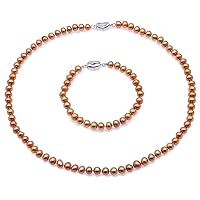 Pearl Necklace Set 7-8mm Dark-golden Freshwater Pearl Necklace Bracelet Jewelry Set for Women