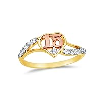 14k Two Toned Gold CZ Cubic Zirconia 15 Years Birthday Heart Ring