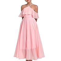 Chiffon Prom Formal Party Princess Bridesmaid Flower Girl's Dress for Kids Halter Backless Holiday Evening Gown