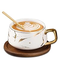 Tea Cup and Wooden Saucer Set - Luxury 10 Oz Ceramic Latte Mug with Golden Spoon & Coffee Saucer – Fancy Gold – Planted Handle Coffee Cups Modern Teacup Set for Women, Men (White)